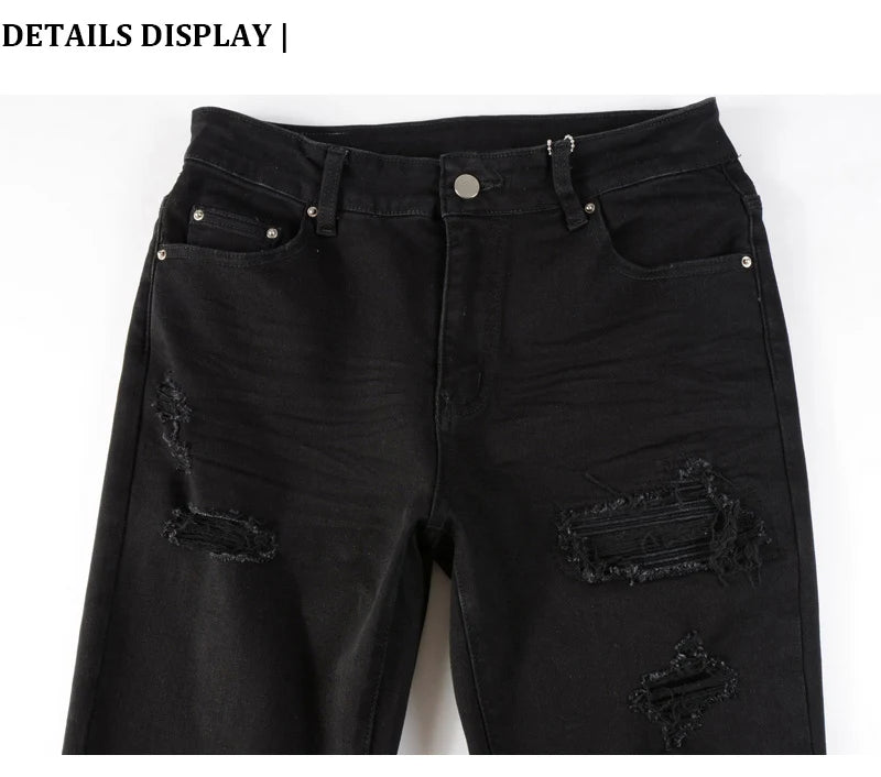 Fashionable new men's jeans, washed, nostalgic, elastic, slim fit, perforated, patchwork patch, black jeans, high street designe