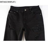 Fashionable new men's jeans, washed, nostalgic, elastic, slim fit, perforated, patchwork patch, black jeans, high street designe