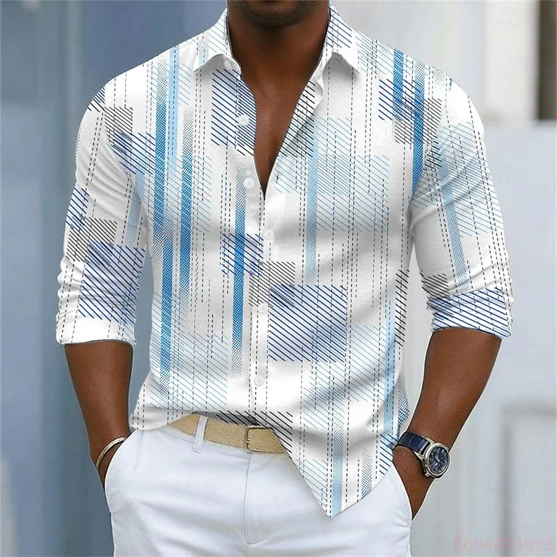 Men's shirt with simple geometric lines printed in contrasting colors, loose long sleeved top, daily casual versatile shirt