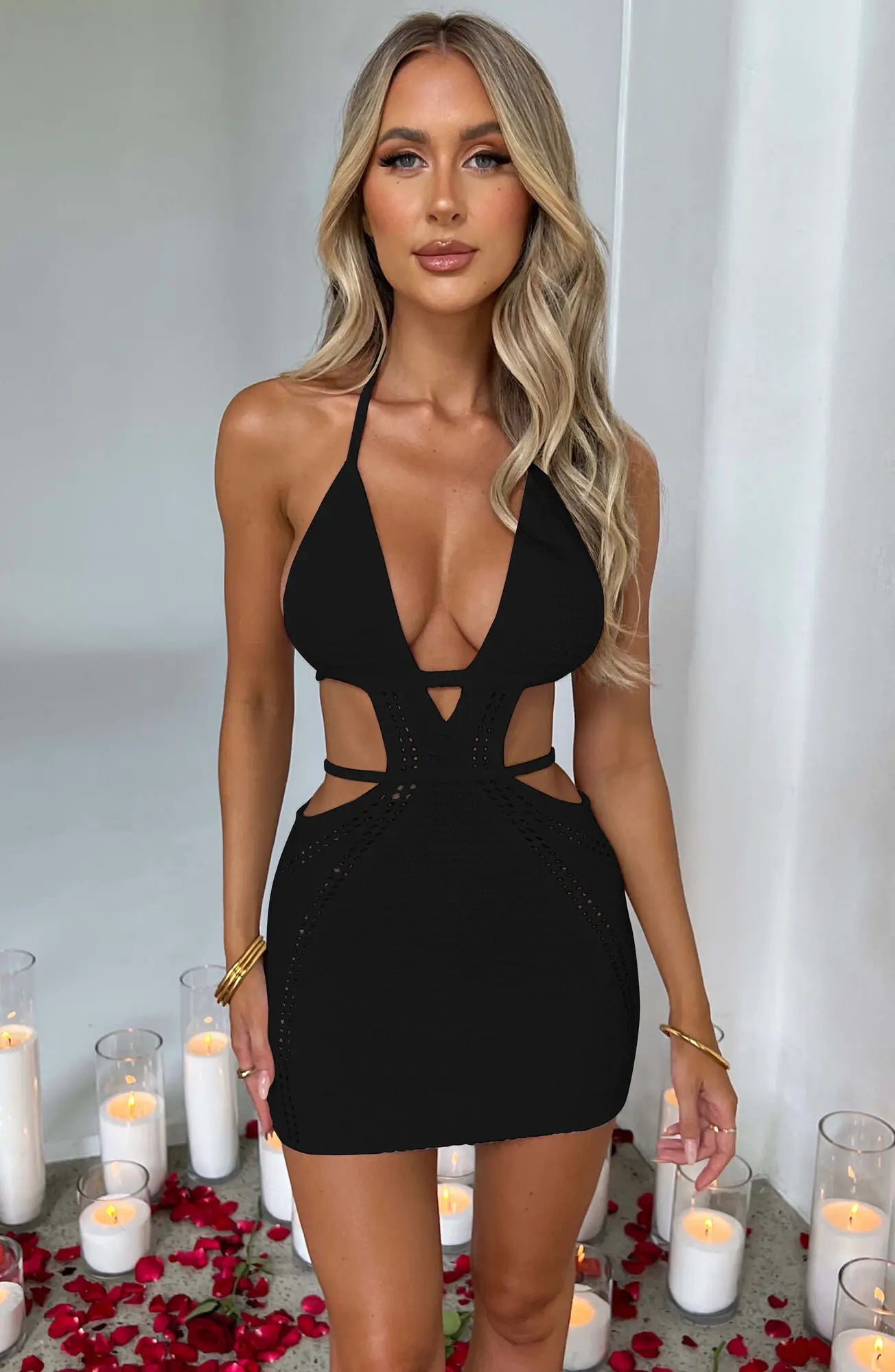 Mozision Hollow Out Halter Sexy Mini Dress Women Summer New Sleeveless – Mega Mart Center