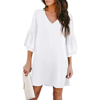 Women Fashion Flared Sleeve Dress Loose Casual Solid Color V Neck Five Quarter Sleeve Mini Dress Female Spring Autumn Clothes