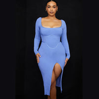 WillBeNice 2023 Winter Women Sexy Bandage Dress Long-Sleeves Blue Square Collar Bodycon  Party Dress Vestidos Bustier Birthday