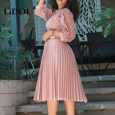 Spring Autumn New Fashion Lace Elegant Plus Size Dress Women Sexy Hollow Out with Belt Oversized Vestidos De Fiesta Lady Clothes