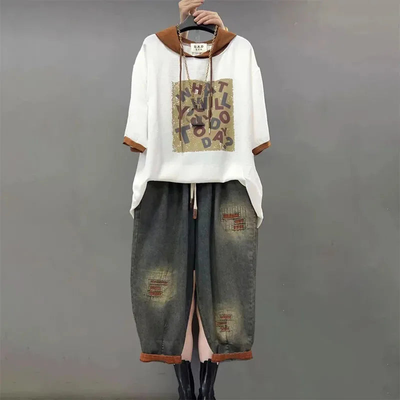 Jeans Set Women Denim Pants Two Piece Set 2025 New Loose Plus size Casual Suit Female Fashion Hooded Printed Jeans Sets