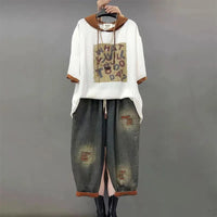 Jeans Set Women Denim Pants Two Piece Set 2025 New Loose Plus size Casual Suit Female Fashion Hooded Printed Jeans Sets