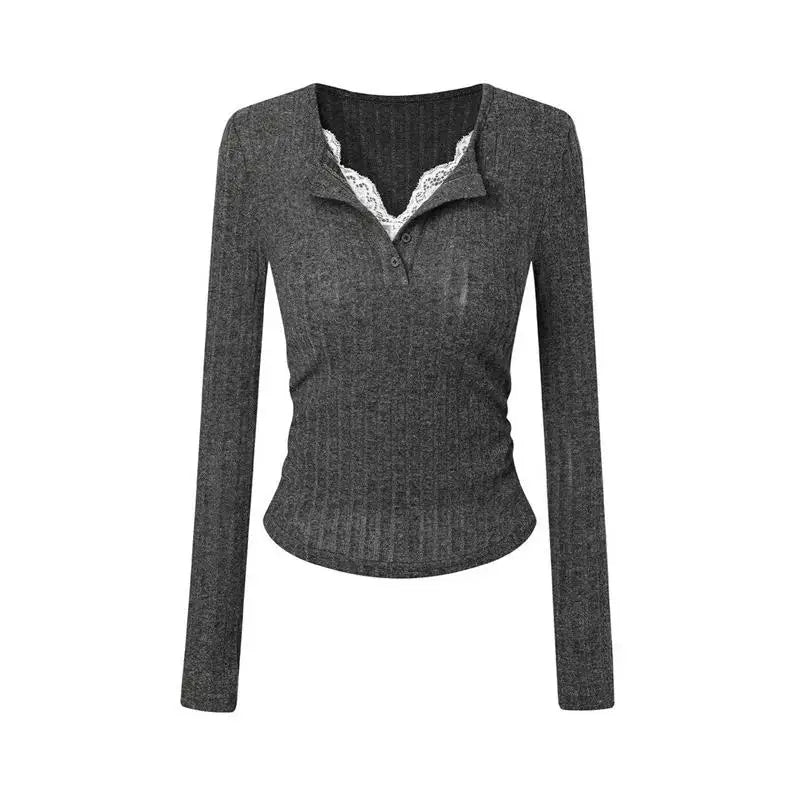 Women's Top Lace Patchwork Long Sleeve T-Shirt Base Shirt Fashion Vintage Fake Two-piece V-neck T-shirt Aesthetic Clothes