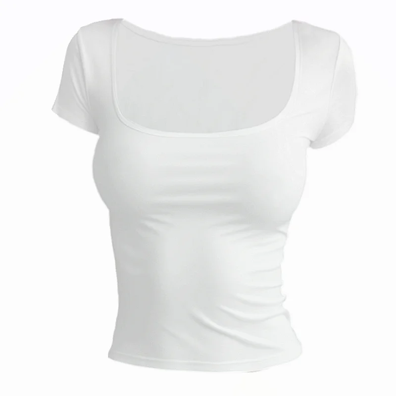 Short Sleeve T-shirt for Women Summer 2026 Solid Color Elastic Square-cut Collar slim fit Tops Sexy Y2k Street Wear Tee Fashion