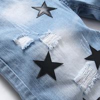 Men Black Leather Stars Patches Denim Shorts Summer Slim Straight Jeans Holes Ripped Blue Cotton Breeches