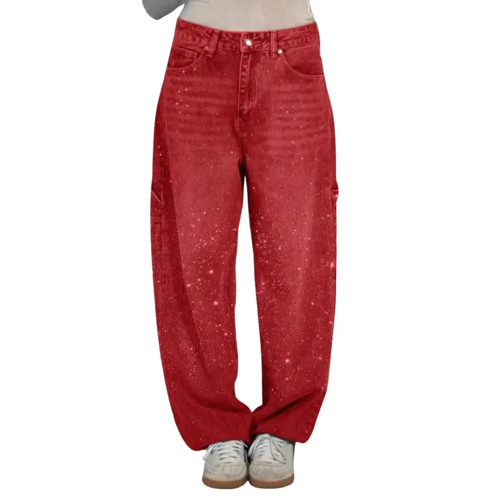 Women's Sparkly Harem Jeans High Waisted Baggy Wide Leg Bling Jeans Casual Straight Leg Denim Pants for Streetwear