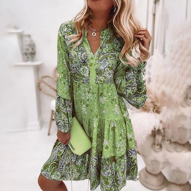 Elegant Beach Floral Print Women Dress Bohimian Loose Flare Sleeve Casual V Neck Dress Ladies Summer Fashion Patchwork Clothing