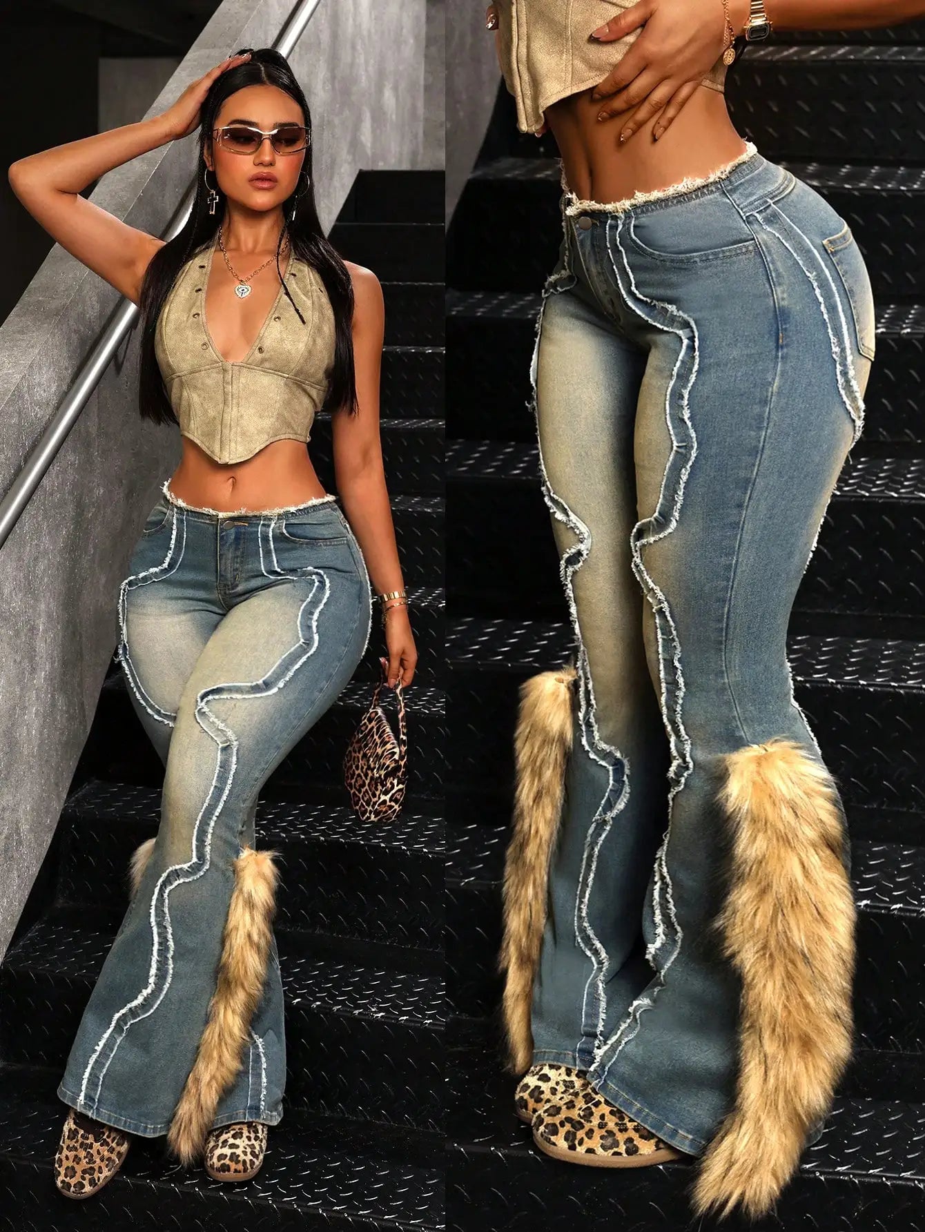 Vintage Fuzzy Patch Fur Trim Flared Denim Jeans for Women, High Waist Stretchy Streetwear