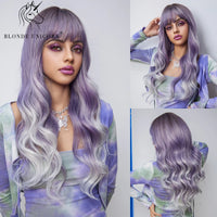 Blonde Unicorn Synthetic Long Wavy Wig Ombre Purple to Blue for Woman Cosplay Halloween Wigs Heat Resistant Fiber Bangs Hair