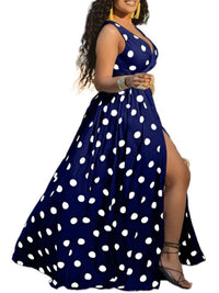 Wmstar Plus Size Dress Women Wholesale Deep V Neck Dot Print Long Dress with A Sexy Slit and A Big Swing,paired with A Belt