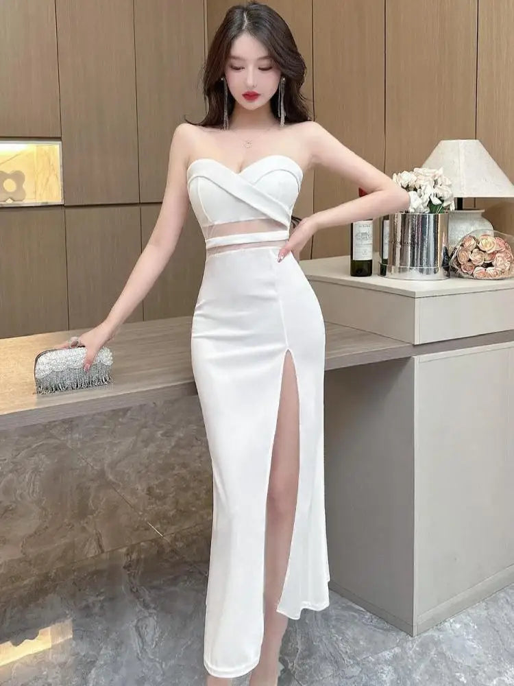 Women's White Elegant Birthday Evening Party Strapless Long Dress Summer Black Sexy Club Backless High Split Gowns Dress Fashion