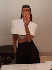 Sexy Shawl Crop Tops Women Solid Shoulder Pads Stand Collar Short Sleeve T-shirt Female 2026 Spring Fashion Party Club Top Lady