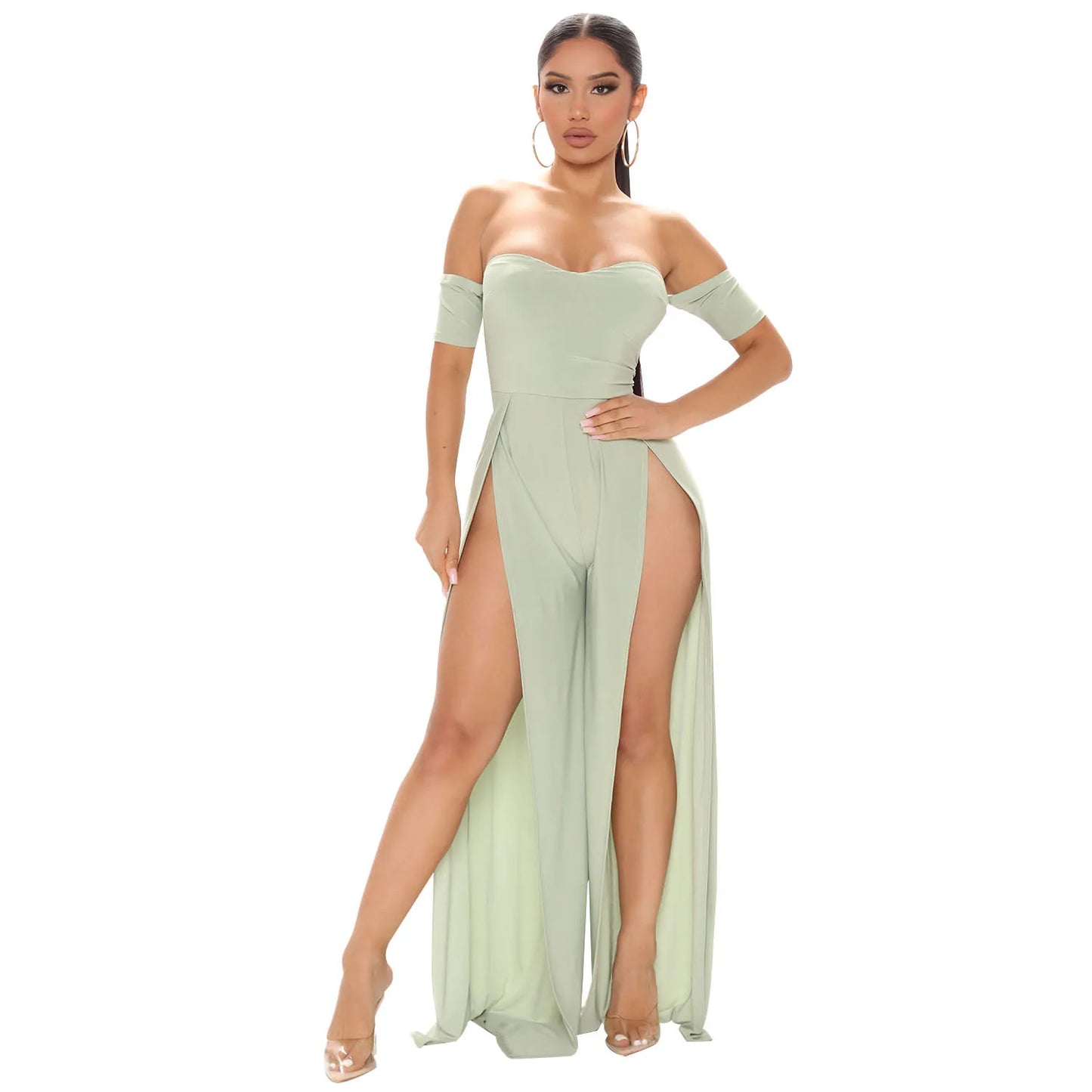 2022 Casual Street Slash Neck Slim Summer Fashion Lady Shinny Long Pant Jumpsuits Bandage Sexy Rompers