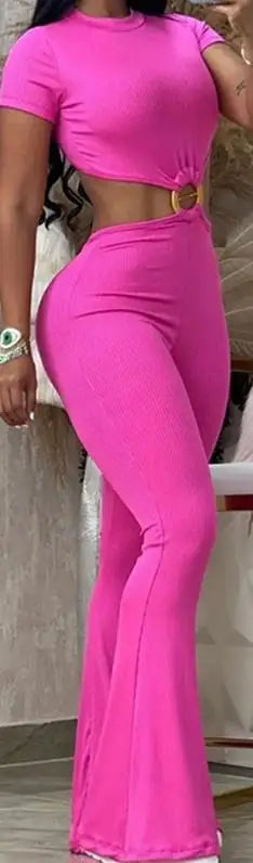 Ladies Jumpsuit Summer Outfit 2023 Sexy O-Ring Decor Cutout Short Sleeve Jumpsuit Sexy Backless Cutout High Waist Jumpsuit