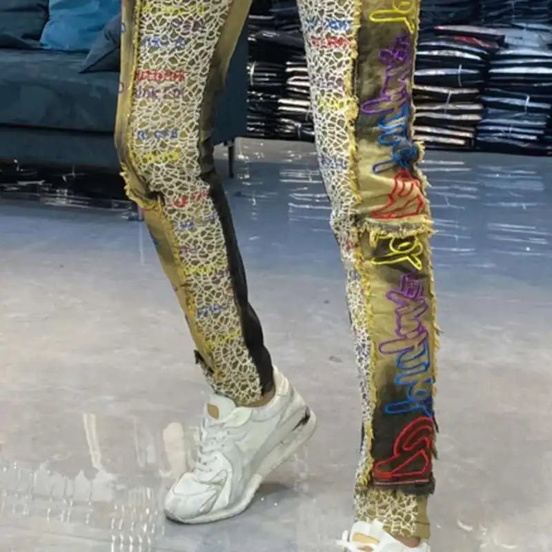 Men's Letter Embroidery Jeans New Punk Motorcycle Pants Jean Homme Elastic Slim Fit Versatile Jean For Men Hip Hop Jean Hombre