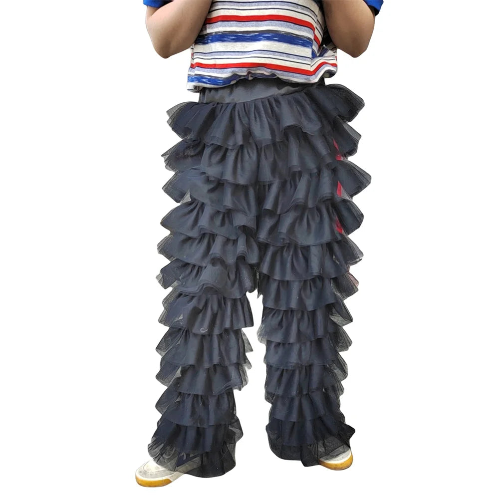Women Solid Color Tulle Mesh Pants Woman Multi-Layer Ruffle Pants Lady High Waist Trousers Party Outfits