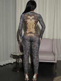 Sisterlinda Printing Slim O-Neck Long Sleeve Jumpsuit Women Sexy Popular Body-shaping Vestidos Girl Party Leisure Pencil Pants