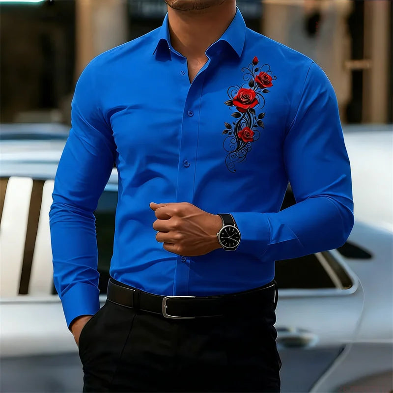 Men's long-sleeved shirt, featuring a vintage red rose print design.  A stylish business casual shirt and fashionable men's top.