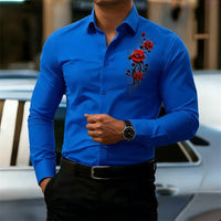 Men's long-sleeved shirt, featuring a vintage red rose print design.  A stylish business casual shirt and fashionable men's top.