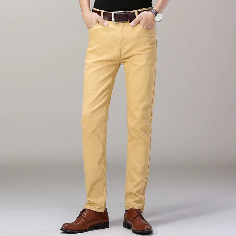 Men's Jeans Pure White Fashion Elastic Slim Youth Slimming Straight Leg Male Pants Business Casual Middle Age High End Trousers