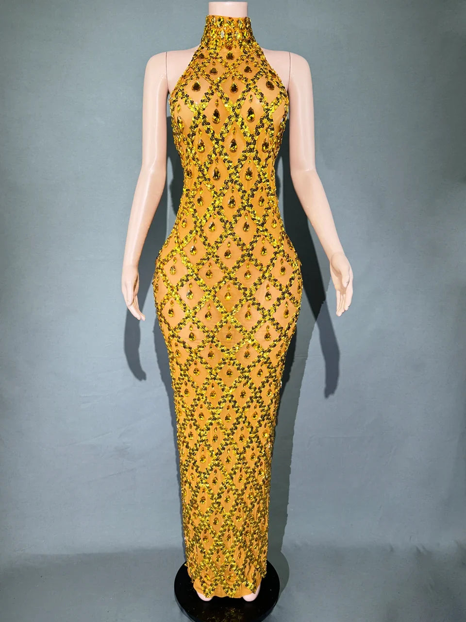 Sparkly Rhinestones Sleeveless Long Dress Elegant Dark Mesh Celebrate Evening Wedding Prom Gown Birthday Dress Photograph Wear