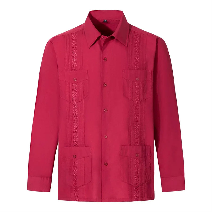 2026 New Men's Guayabera Shirts Four Pockets Embroidered Long Sleeve Shirts for Men Blue Mexican Cuban Button Dress Shirt