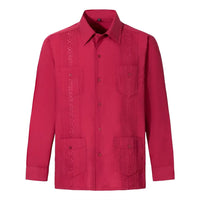 2026 New Men's Guayabera Shirts Four Pockets Embroidered Long Sleeve Shirts for Men Blue Mexican Cuban Button Dress Shirt