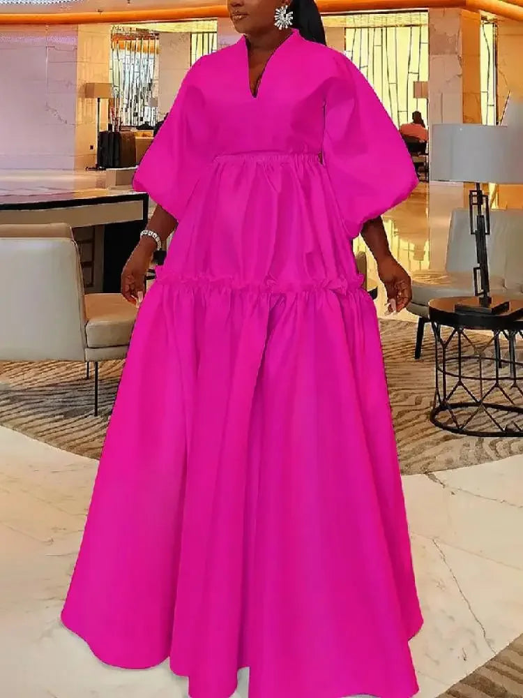 Women Minimalist Solid Color Puff Sleeves Falbala Party Evening Dress  New Spring Autumn Loose Casual Maxi Dresses