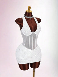 Red Halter Neck Rhinestone Mini Dress with Corset Waist for Party Club Night