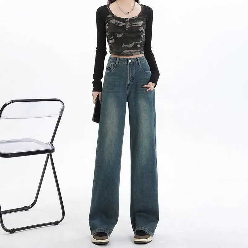 Women Comfortable Denim Pants New Female Vintage Mid Waisted Jeans Pants Girls Smile Edition Straight Leg Jeans Trousers