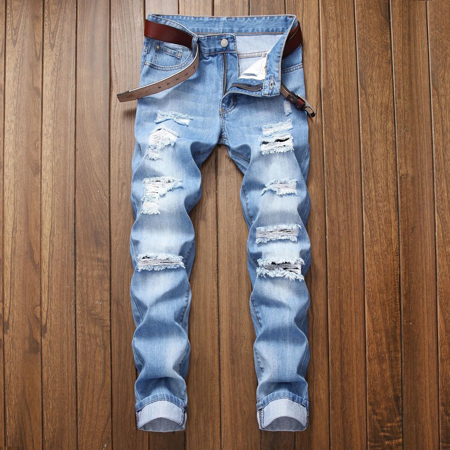 Mens Ripped Jeans Straight Slim Elasticless Tattered Trousers Autumn Streetwear Fashion Male Large Size Denim Pants