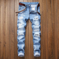 Mens Ripped Jeans Straight Slim Elasticless Tattered Trousers Autumn Streetwear Fashion Male Large Size Denim Pants