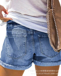 Wepbel Denim Shorts Women's Mid Waist Loose Sexy Hot Short Pants Wash Ripped Short Jeans Summer Straight Jeans