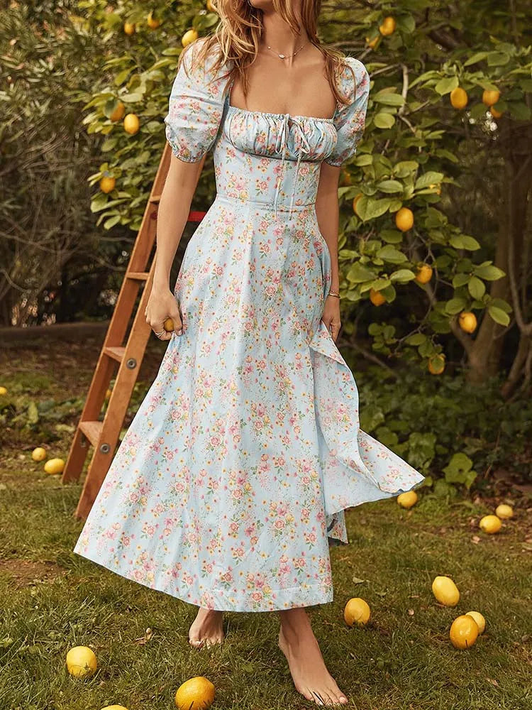 Women Floral Print Elegant A line Long Dresses Spring Summer Chic Party Maxi Dress  Robe Femme