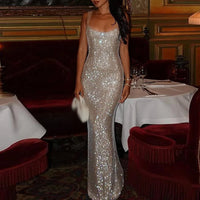 Elegant Hollow Out Sleeveless Sequins Dresses Sexy Slim Backless Evening Dresses Summer Fashion Temperament Club Party Dresses