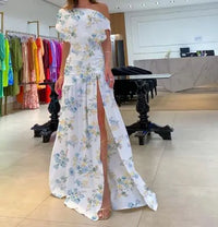 Street Trendsetter Off-The-Shoulder Short-Sleeved Slit Floor Mopping Resort Dress Female Elegant French Retro Sweet Long Dresses