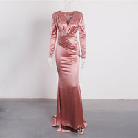 Deep V Neck Full Sleeved Pleated Long Evening Party Dress Stretch Satin Floor Length Event Gown Prom Robe