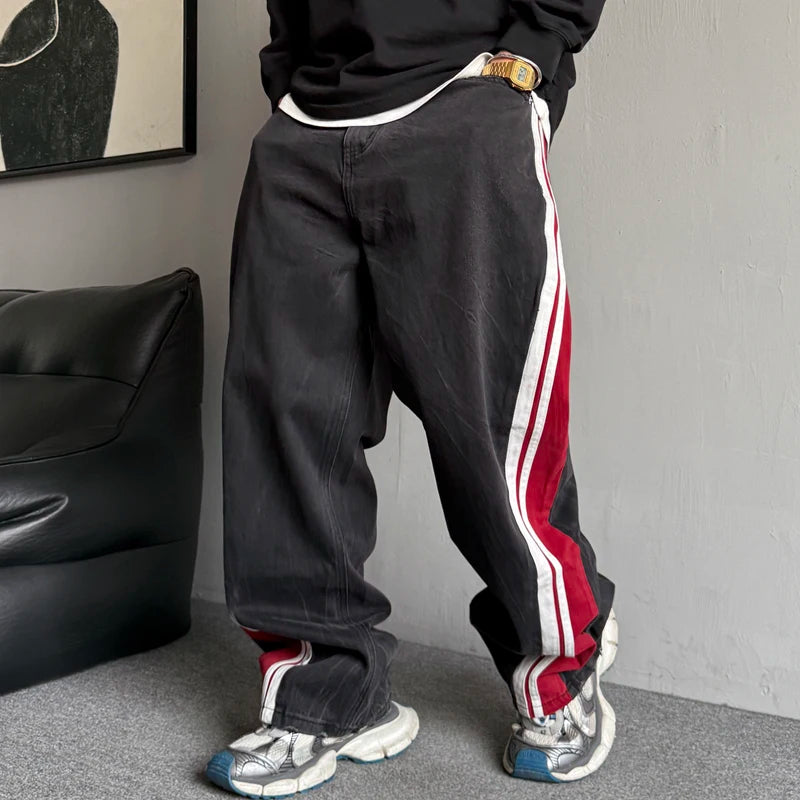 Korean Popular Clothes Hip Hop Baggy Jeans For Men Trendy Patchwork Black Jeans Streetwear Skateboard Striped Pants Trousers