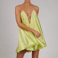 Sexy Club Party Dress Women Summer Deep V Neck Chain Spaghetti Strap Mini Dresses Y2k Fashion Loose Satin Short Dress Girl