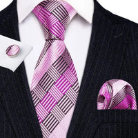 Barry.Wang Plaid Silk Men Tie Hanky Cufflinks Set Checked Jacquard Necktie for Male Formal Casual Wedding Business Party Events