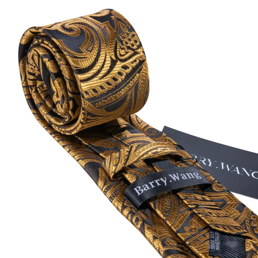 Barry.Wang Gold Silk Mens Tie Hanky Cufflinks Set Yellow Beige Orange Luxury Jacquard Necktie For Male Wedding Business Party