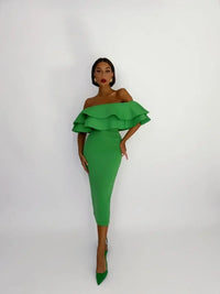 Green Bandage Dress Midi Elegant Woman Dress for Party Ruffle Sexy Off Shoulder Evening Birthday Club Outfit 2023 Summer