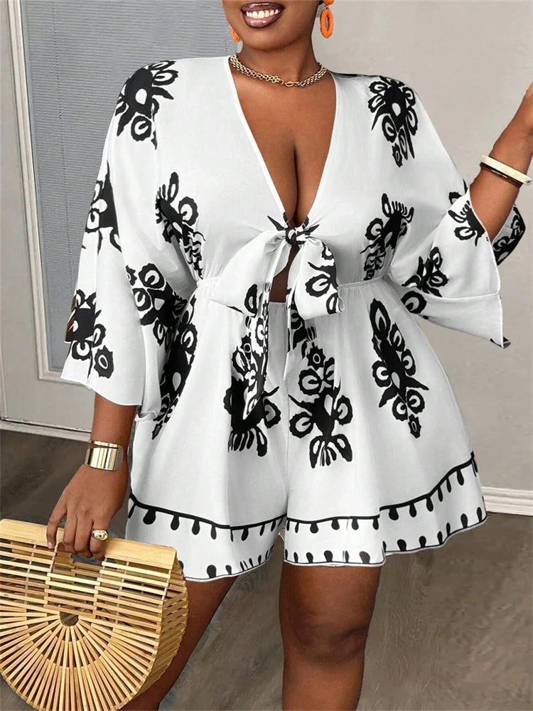 Wmstar Plus Size Jumpsuit Women Print Short Sleeve Bodysuit Loose Sexy Deep V Neck Summer Holiday Rompers Wholesale Dropshipping