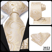 Hi-Tie Champagne Floral Paisley Silk Elegant Tie For Men Groom Wedding Men Necktie Pocket Square Cufflink Accessory Wholesale