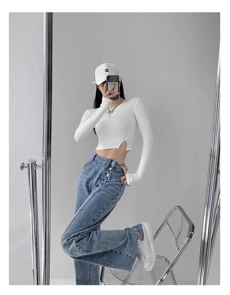 High-waisted Jeans Women's Loose-fit Straight-leg Trousers Draped Wide-leg Denim Pants