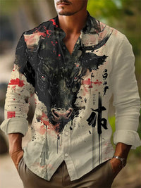 New Vintage Men's Linen Shirt Long Sleeve Chic Top Kitten Pattern Holiday Lapel Collar 3D Wave Printed Shirt Top