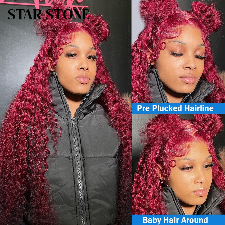 180% 99j Burgundy Deep Wave 13x4 Lace Front Human Hair Wigs Red Colored